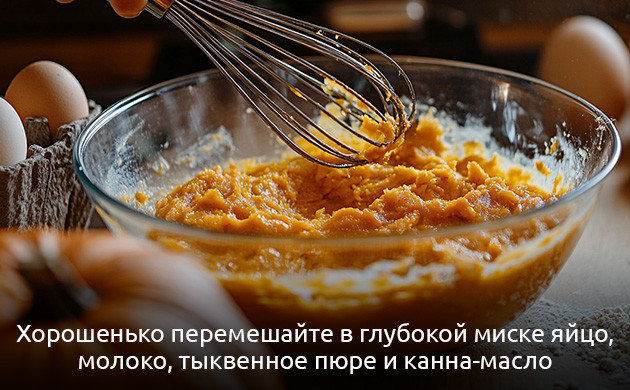 Смешивание влажных ингредиентов канна-блинов Подготовка тыквенного пюре для канна-блинов